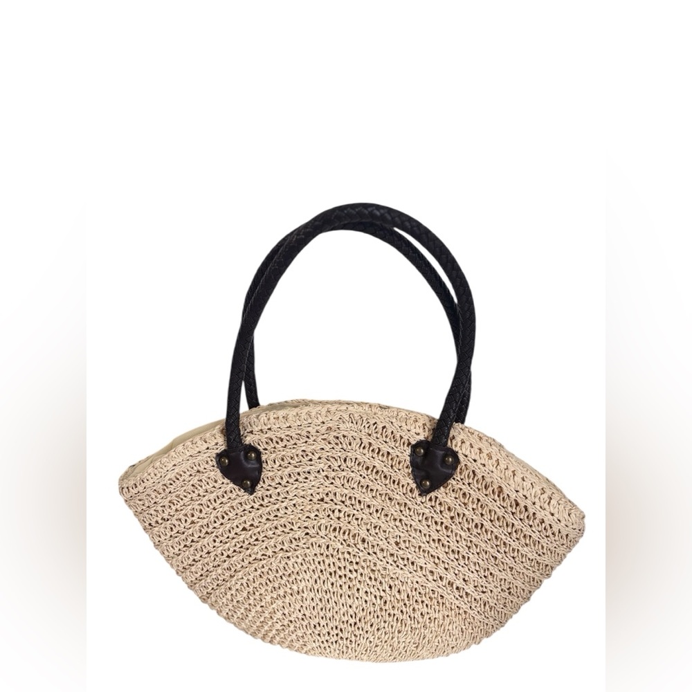 Tan basket Handbag beachbag with Black Handles